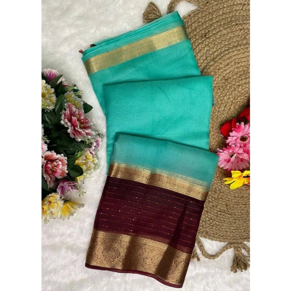 Generic Women's Khadi Cotton Solid Saree With Unstitched Blouse 5.5Mtr (Sky Blue)