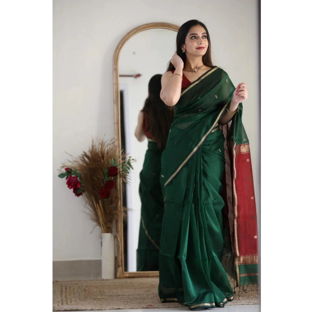 Generic Women's Cotton Printed Saree With Unstitched Blouse 5.5Mtr (Dark Green)