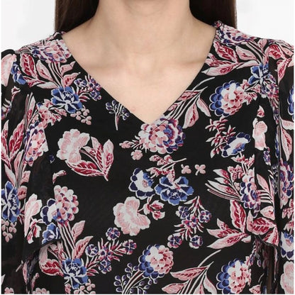 Generic Women's Polyester Floral Short Sleeve Knee-Length Dress (Black - Multicolor)