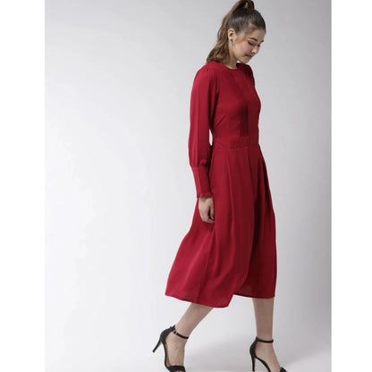 Generic Women's Polyester Pintuck Long Sleeves Below Knee Dress (Red)