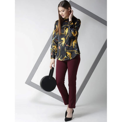 Generic Women's Satin Printed Long Sleeves Standard Length Shirt (Black - Gold)