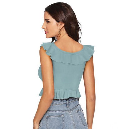 Generic Women's Polyester Solid Sleeveless Ruffle Neck Top (Pista)