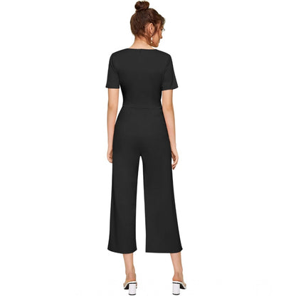Generic Women's Knitting stretchable Solid Round Neck Cap Sleeve Jumpsuit (Black)