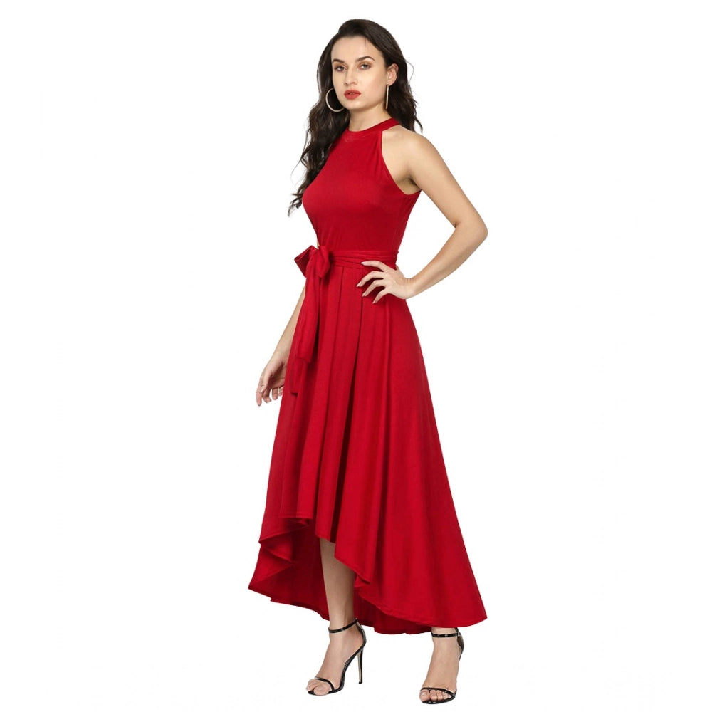 Generic Women's Polyster Solid Halter Neck Sleeveless Dress (Red)