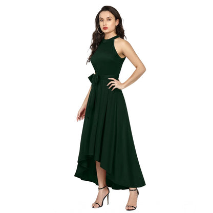 Generic Women's Polyster Solid Halter Neck Sleeveless Dress (Green)