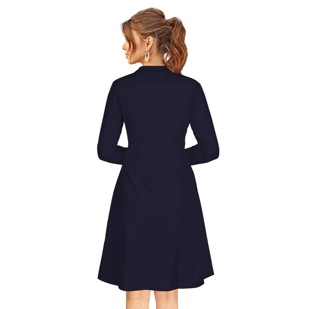 Generic Women's Knitting stretchable Solid Round Neck Full Sleeve Dress (Blue)