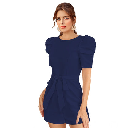 Generic Women's Knitting stretchable Solid Round Neck 3-4 Puff Sleeve Dress (Blue)