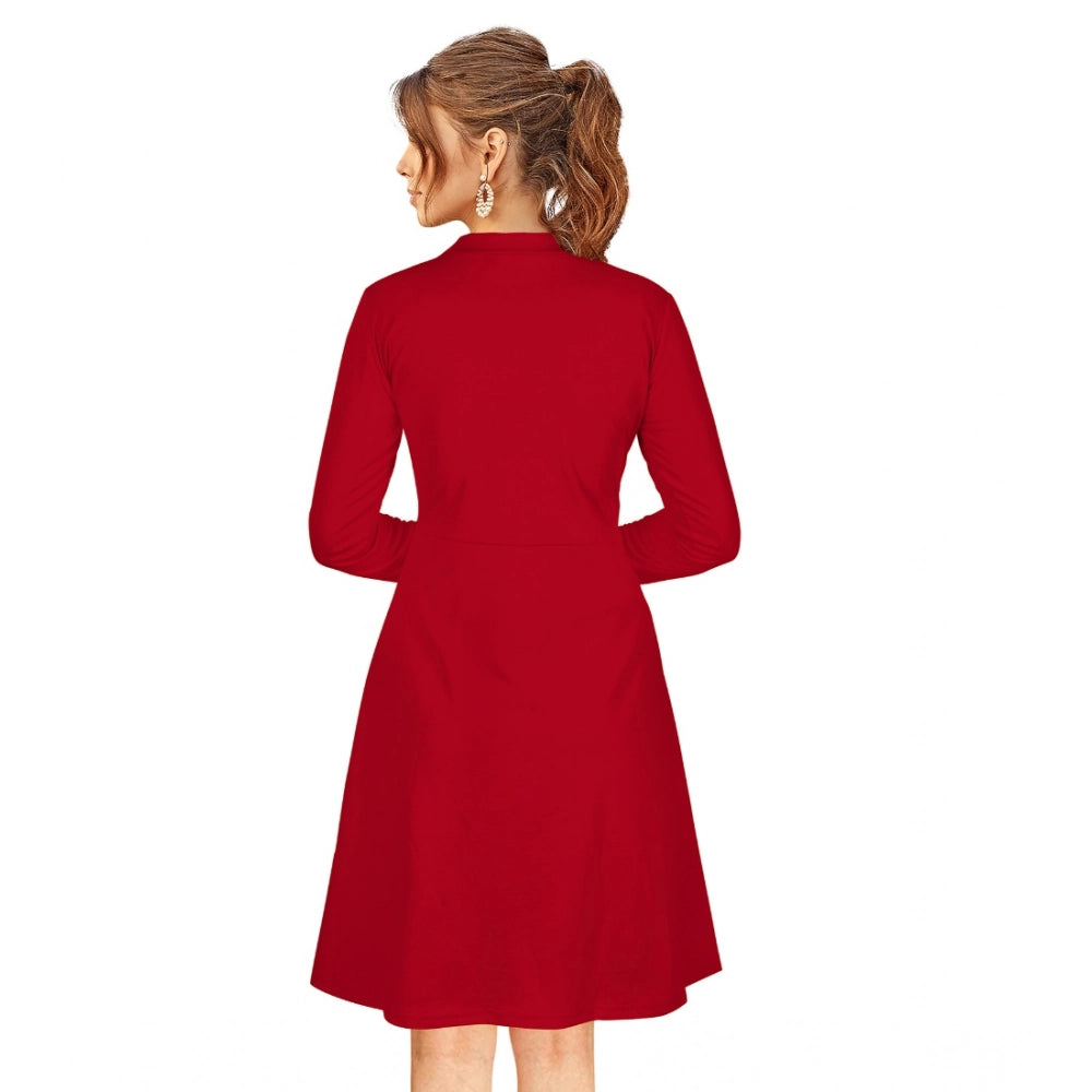 Generic Women's Knitting stretchable Solid Round Neck Full Sleeve Dress (Red)