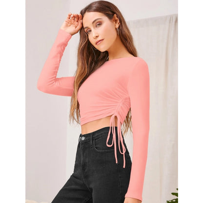 Generic Women's Polyester Solid Round Neck Full Sleeve Top (Peach)