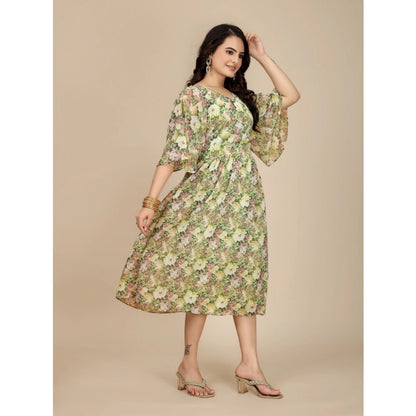 Generic Women's Georgette Printed Round Neck Short Sleeve Dress (Green)