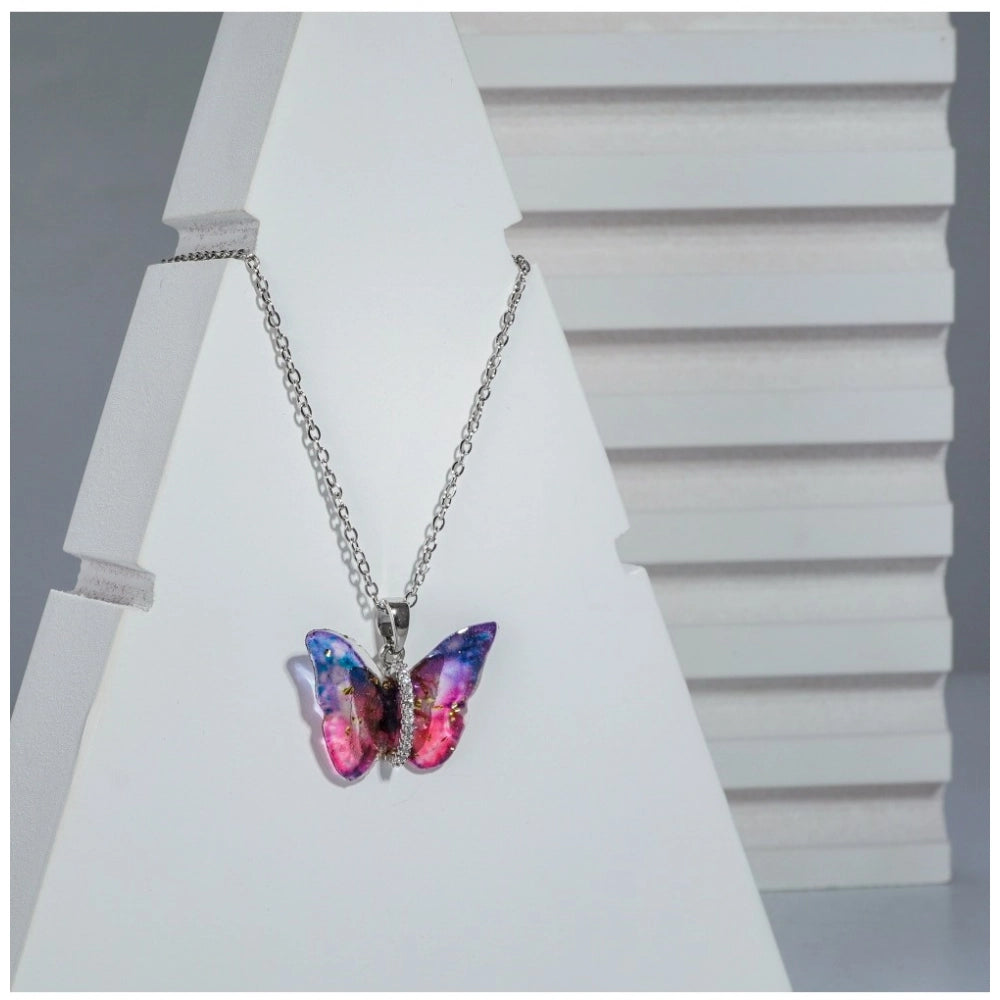 Generic Women's Stainless Steel Colorful Butterfly Pendent Dailywear chain (Silver Plated)