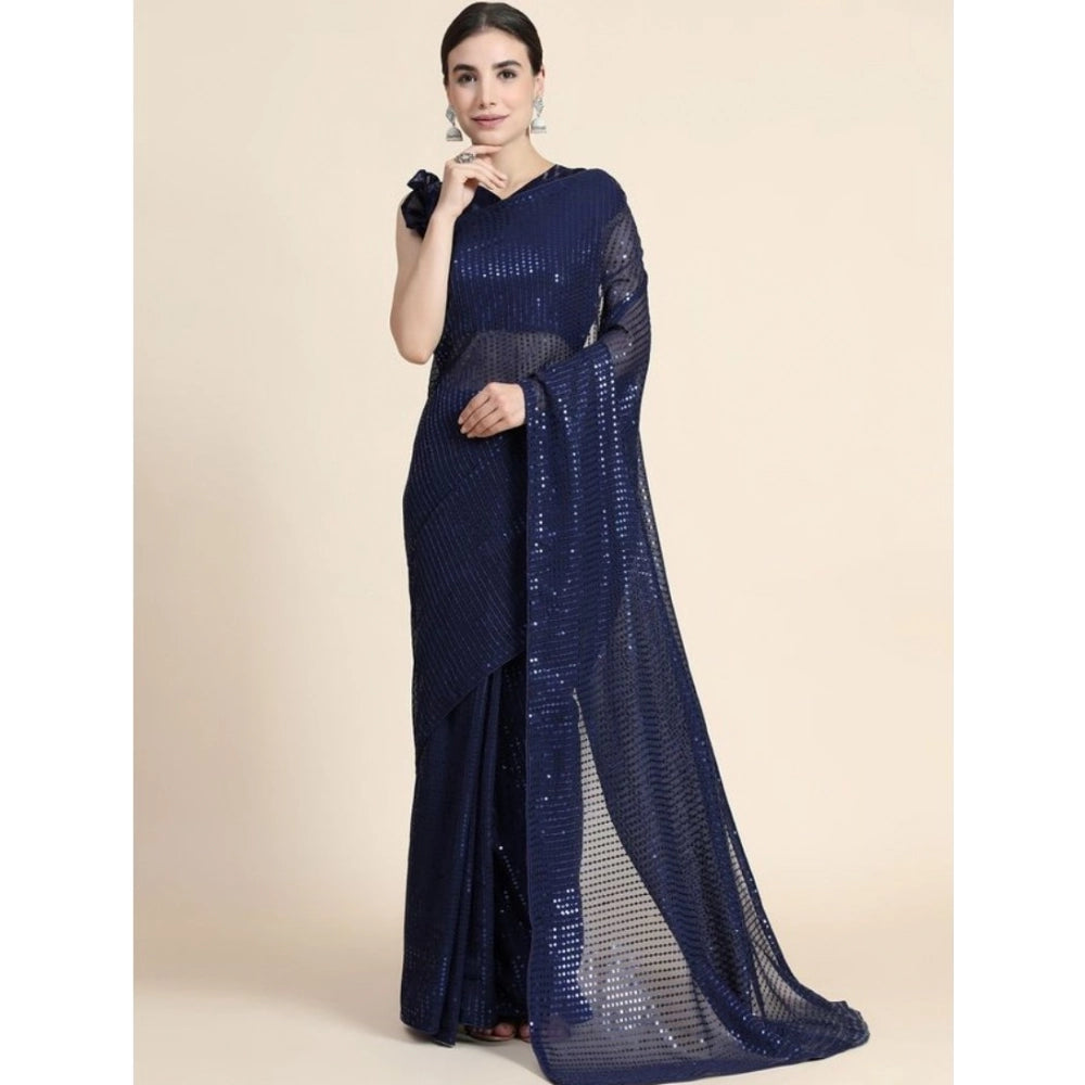 Generic Women's Georgette Embellished Sequnece Bollywood Saree With Unstitched Blouse 5.5Mtr (Blue)