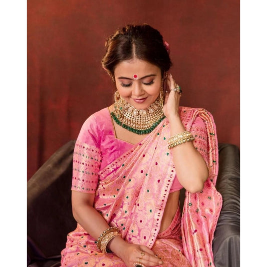 Generic Women's Soft Lichi Silk Printed Saree With Unstitched Blouse 5.5Mtr (Pink)
