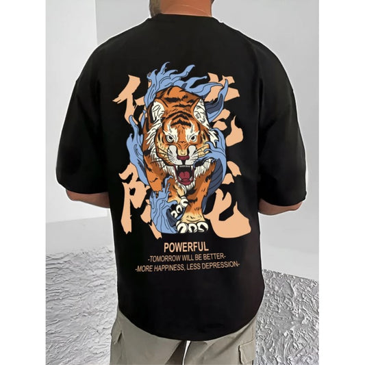 Generic Men's Casual Cotton Blend Printed Round Neck Half Sleeve T-Shirt (Black)