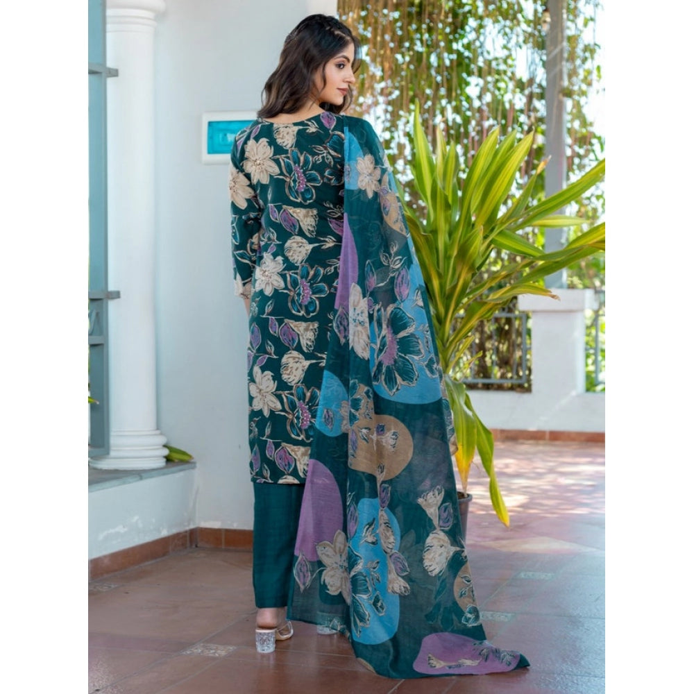 Generic Women's Cotton Blend Printed Kurti With Pant Dupatta Set (Rama)