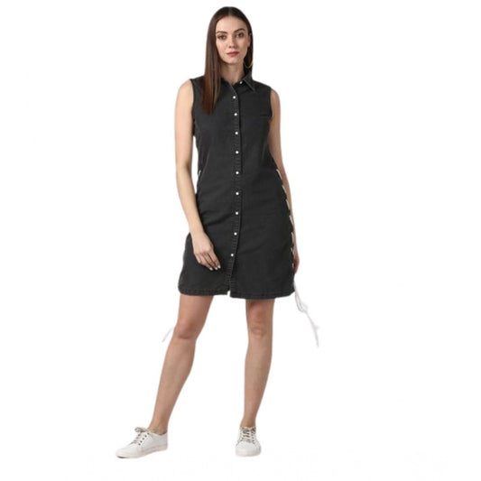 Generic Women's Denim Solid Sleeveless Dress (Black)