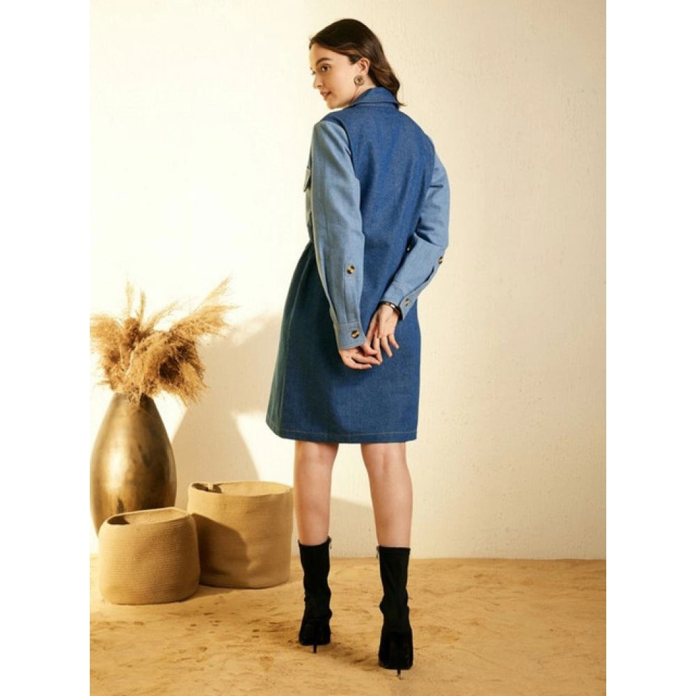 Generic Women's Denim Color Blocking Roll Up Dress (Blue)