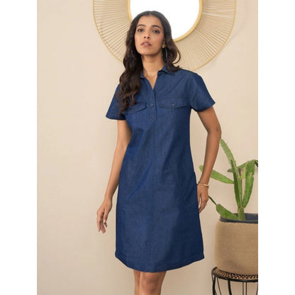 Generic Women's Denim Solid Sleeveless Dress (Blue)